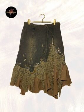 Y2K Beaded Denim & Lace Handkerchief Hem Skirt